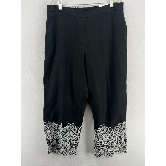 CHICOS Pants 2.5 14 Linen Crop Straight Leg Eyelet Hem Elastic Waist Black NEW - Picture 1 of 16
